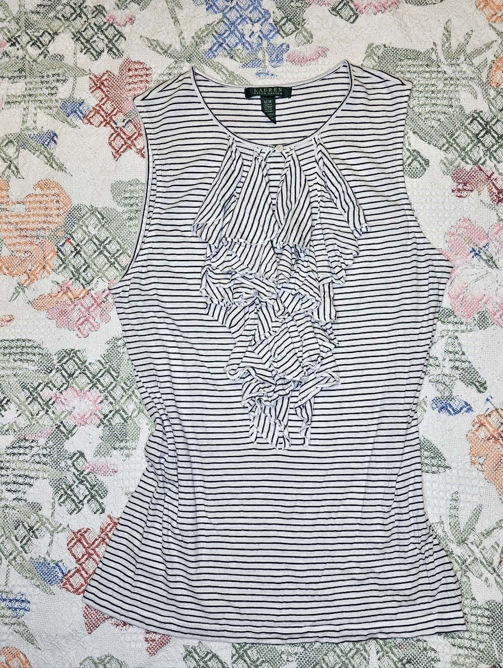 Lauren Ralph Lauren White and Black Striped Ruffle Tank